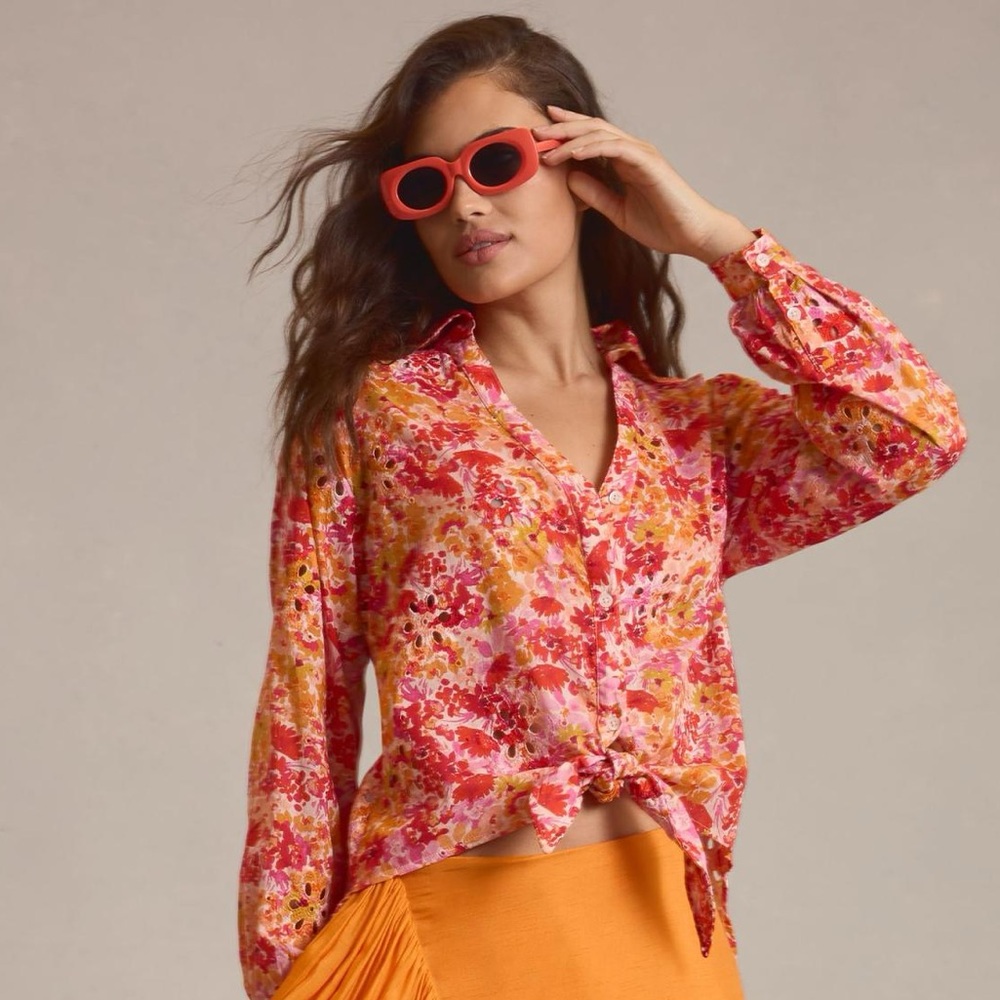 Anthropologie Maeve Tie Front Longline Floral Eyelet Blouse - Picture 12 of 13